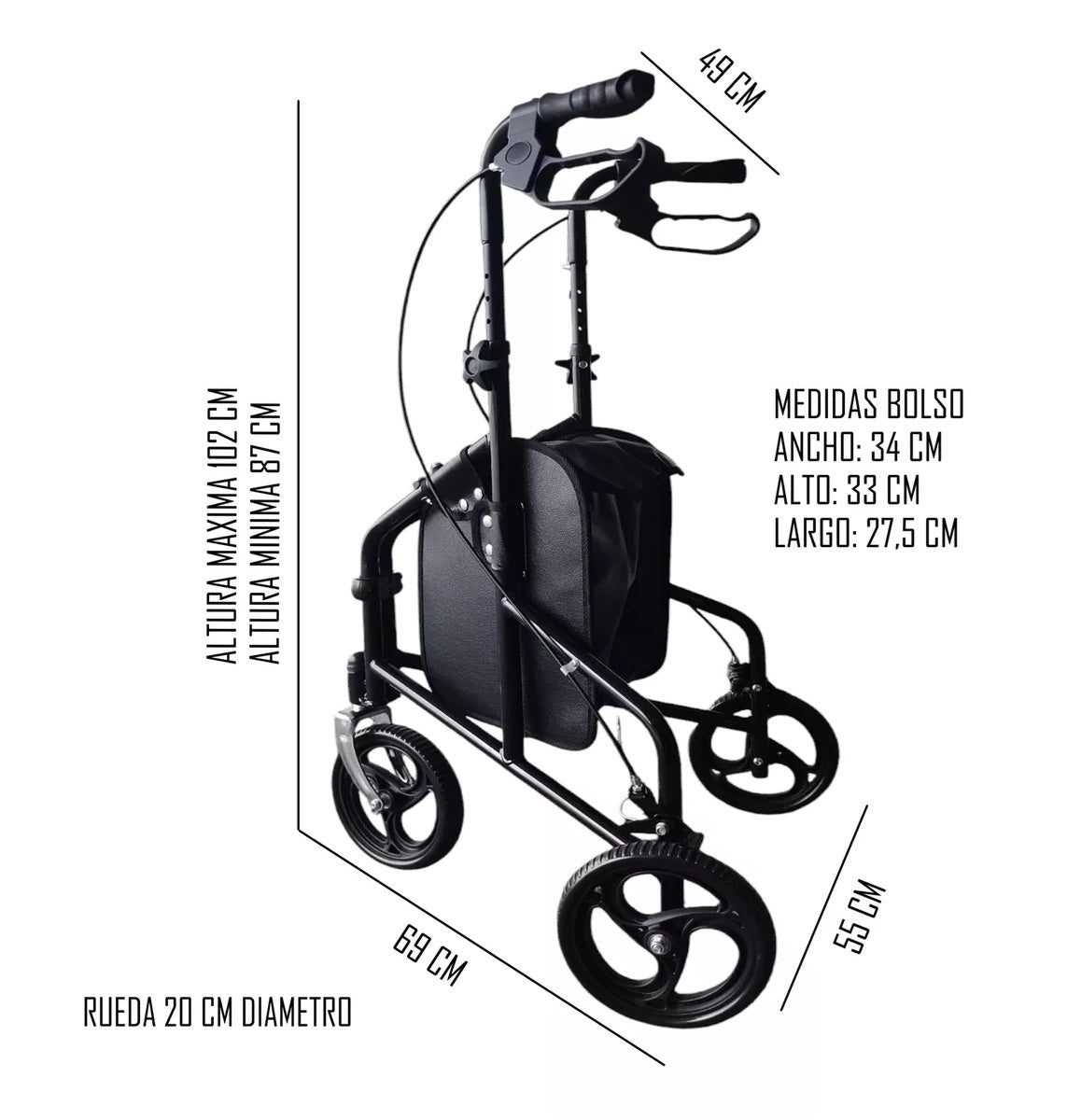 Andador Burrito Rollator 3 Ruedas Con Bolso Plegable