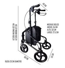 Andador Burrito Rollator 3 Ruedas Con Bolso Plegable