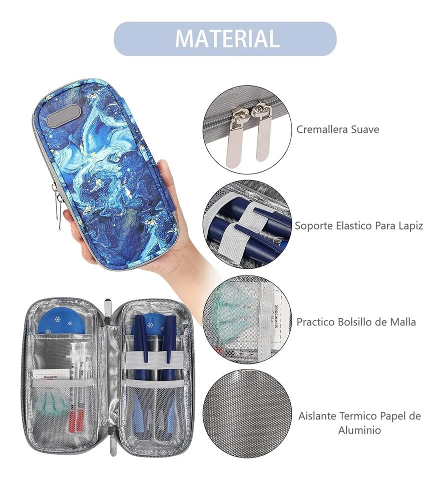 Bolso Estuche Porta Insulina Refrigerante Cooler Medicamento Mármol Azul