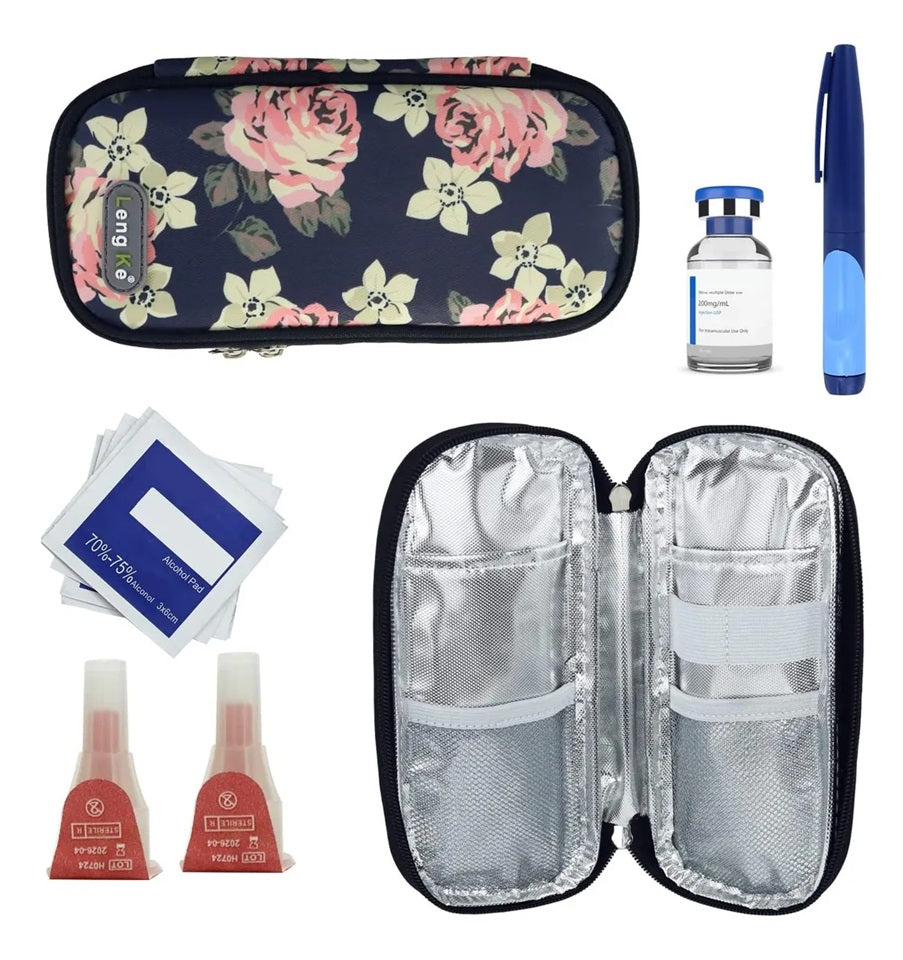 Bolso Estuche Porta Insulina Refrigerante Cooler Medicamento Flores Rojas