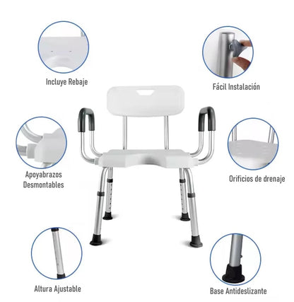 Silla De Ducha Para Baño Aluminio Con Rebaje Y Apoyabrazos