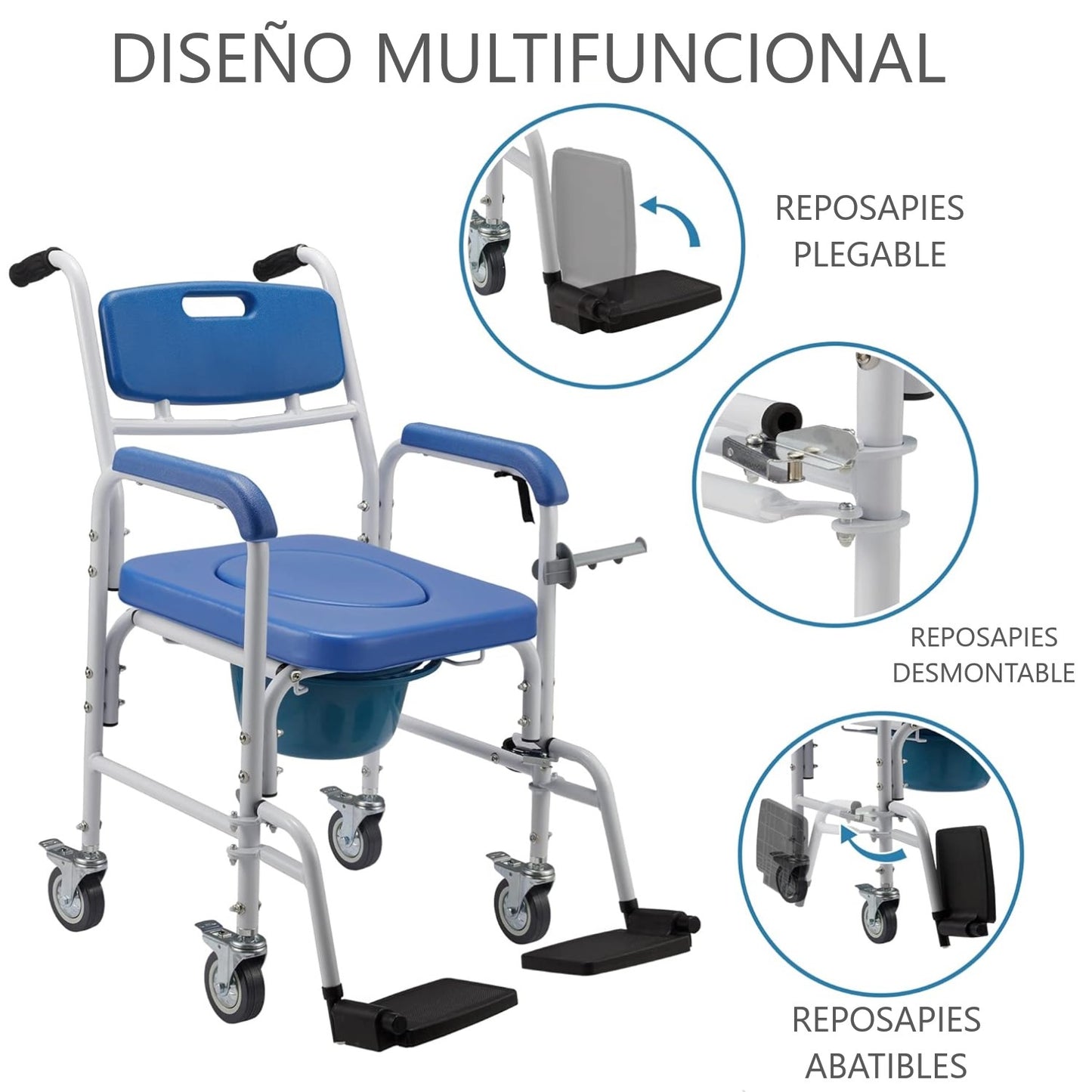 Baño Inodoro Aluminio Con Ruedas Asiento Acolchado Reposapie